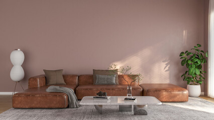 Elegant Living Room with Leather Sofa & Mauve Wall