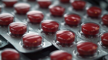 Blister Packs of Red Medication with Warning Labels and Alert Signs
