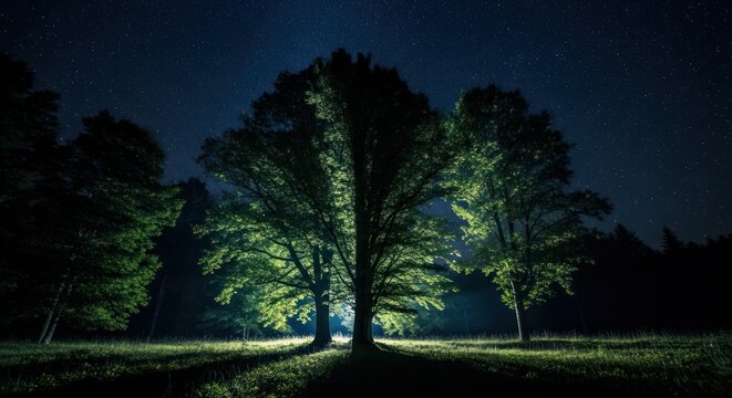 Illuminated trees at night under a starry sky.
