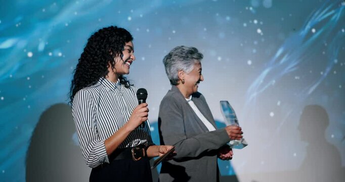 Business people, meeting and handshake with award for congratulations or thank you at seminar. Happy group, employees or shaking hands with applause or trophy for nomination at ceremony or summit