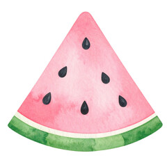 Watercolor illustration of watermelon slice with seeds, featuring vibrant pink and green colors