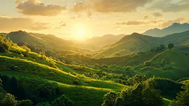 Breathtaking golden sunset over lush green hills and rolling mountains