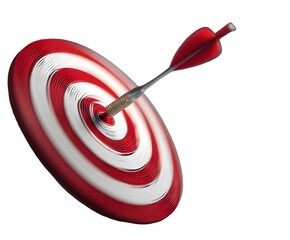 Red and white target with a red arrow hitting the center, isolated on transparent background, symbolizing success and accuracy in business and sports
