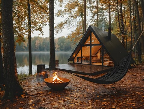 A cozy glamping site with a modern tent and campfire in an autumn forest near the lake, Generative AI