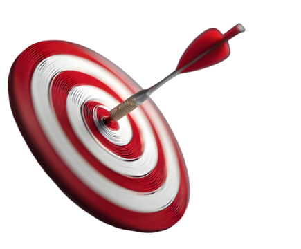 Red and white target with a red arrow hitting the center, isolated on transparent background, symbolizing success and accuracy in business and sports