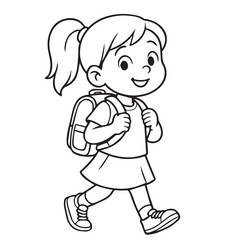 Stylized black and white vector of a young female student heading to school, surrounded by strong black outlines, showing movement, hope, and curiosity.

