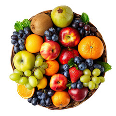 Wicker basket with different fruits on white background, top view with clipping path