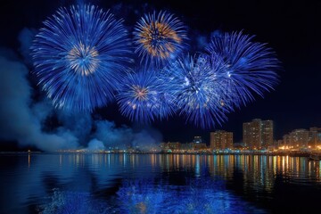 Obraz premium Spectacular blue fireworks display over city waterfront