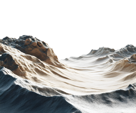 A digitally rendered abstract terrain with sandy mountains and valleys isolated on transparent background