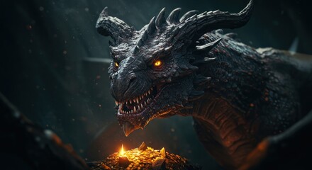 Ferocious dragon guarding its treasure hoard