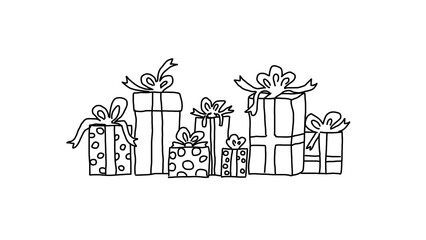 A handdrawn set of gifts — children's illustration in doodle scribble linear style, drawn by a child for Christmas and International Women's Day  for naive design projects