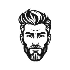 Stylized male face with thick hair and full beard, strong expression, bold lines, monochrome vector portrait, hipster style, bearded man, modern haircut, masculine face, vector portrait