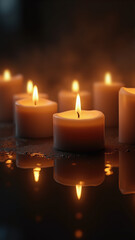 A close up of a candle with a reflection of it in the water. The candles are lit and the reflection of the candles is also lit