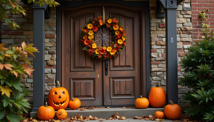 Obraz premium Autumn Halloween decorations with pumpkins at front door 
