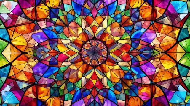 Vibrant kaleidoscope pattern with bright stained glass textures and intricate geometric shapes, creating a colorful and decorative abstract background. - Powered by Adobe