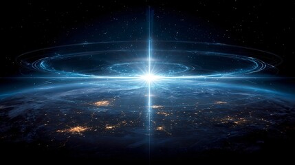 A breathtaking view of earth from space illuminated by a dazzling light source, conveying a sense of cosmic wonder and technological advancement imagery.
