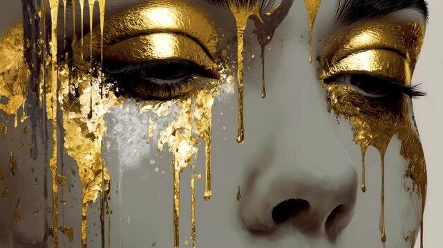 Gold Paint smudges drips from the face and lips, lip-gloss dripping, golden liquid drops on beautiful model girl's mouth, gold metallic skin creative make-up. Beauty woman makeup close up, 