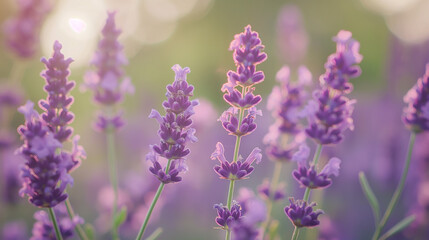 Naklejka premium Lavender Field Blooming in Summer Sunlight Close Up