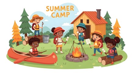 Fototapeta premium Cartoon illustration of children at summer camp with campfire and cabin scenery