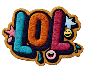 Embroidered lol patch with colorful letters and emoji decorations isolated on transparent background, perfect for adding a playful touch to any design