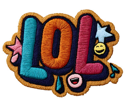 Embroidered lol patch with colorful letters and emoji decorations isolated on transparent background, perfect for adding a playful touch to any design - Powered by Adobe