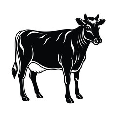 Black Silhouette of Domestic Cow on White Background Vector Illustration