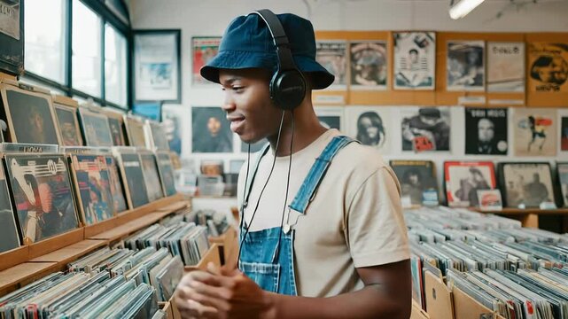 An African-American man in a bucket hat and denim overalls bops to music inside a record store. He enjoys selecting vinyl records at a listening station, fully immersed in the tunes