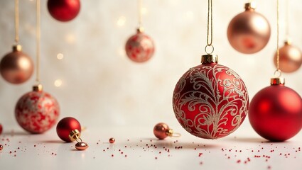 Decorative Christmas ornaments hanging with elegant designs and festive atmosphere
