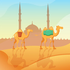 Egyptian camels on the background of a mosque, vector illustration