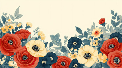 Floral arrangement with red yellow and blue flowers and green leaves