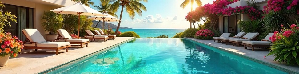 Fototapeta premium Sun-drenched hotel poolside, vibrant flowers blooming, chaise lounges beckoning relaxation on a bright summer day Escape to paradise , warm, beautiful