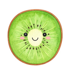 Cute illustration of smiling kiwi slice with cheerful expression