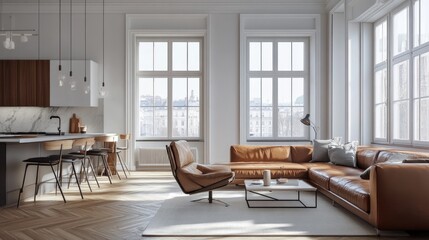 Scandinavian living space with brown leather couch and cream rug