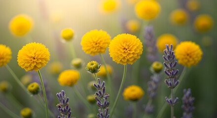 Close-up of yellow billy button flowers with lavender