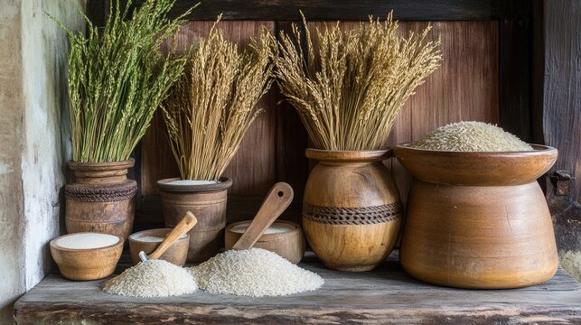 Rice milling tools beside traditional and modern rice samples