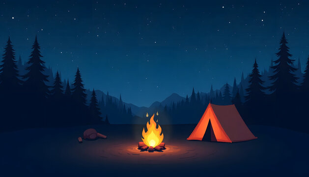 Camping under the stars with a warm campfire in the peaceful forest at night.