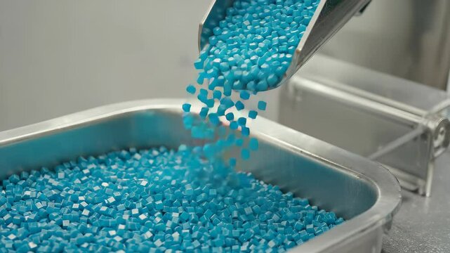 Bright blue plastic pellets fall gently from a metal chute, bouncing as they land in a container. The process takes place in a factory molding section, accompanied by a soft hum of machinery