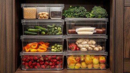Transparent storage bins with fresh ingredients stacked in a cabinet