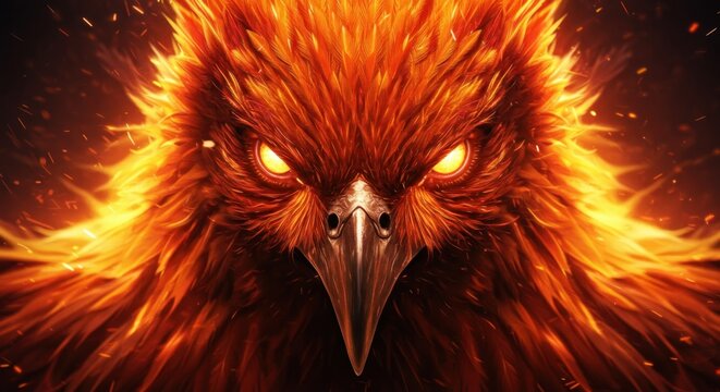 Fiery phoenix intensely gazes with burning eyes