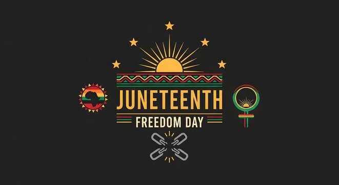 Graphic design celebrating juneteenth freedom day with stars and broken chains art