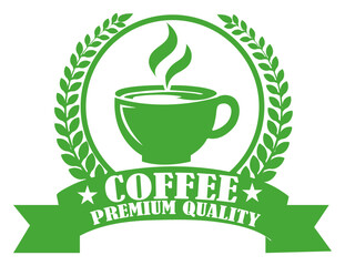 Green coffee premium quality badge emblem with laurel wreath and cup icon for cafe signage and branding design. Green coffee emblem with cup icon. Premium coffee logo in vintage style
