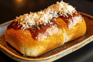 Festival Bread with Dark Jerk Sauce and Shredded Coconut on Plate