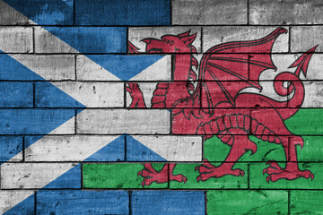 Obraz premium colourful painted big national flag of scotland and flag of wales on a massive old brick wall background. concept