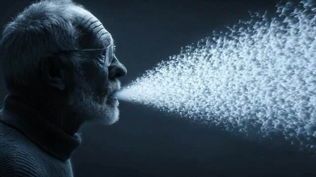 Whispering Secrets of Wisdom: An older gentleman with a distinguished beard exhales a cloud of intangible particles, embodying the essence of wisdom and the profound power of thought.
