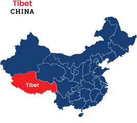 Map of Tibet, Map of Tibet with fill colour, Map of China state Tibet Vector Illustration, China, Tibet.