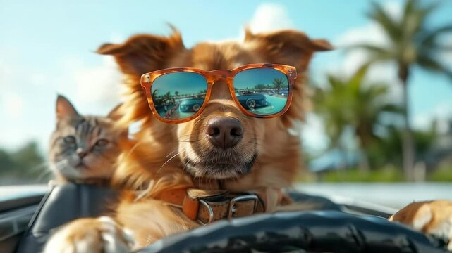 A cheerful dog wears stylish sunglasses while driving a convertible car. A cat sits beside the dog, and the reflection in the glasses changes as they cruise along a sunny road