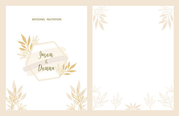Wedding invitation template with beige leaf background