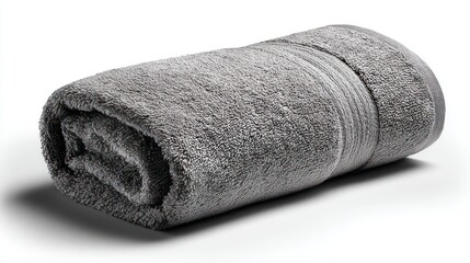 Rolled up gray terry towel isolated against a clean white backdrop