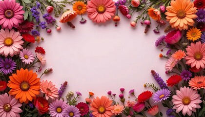 Obraz premium Vibrant daisy and wildflower border on a white background. Perfect for spring designs, invitations, greeting cards, or seasonal social media posts. Bright and cheerful floral layout