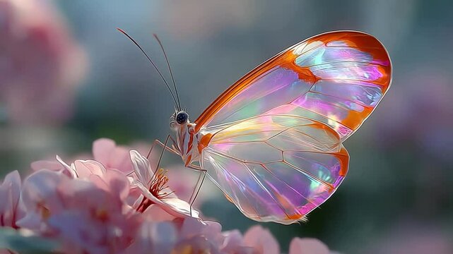 Close up shot of a beautiful Glasswing butterfly with translucent wings on a pink flower